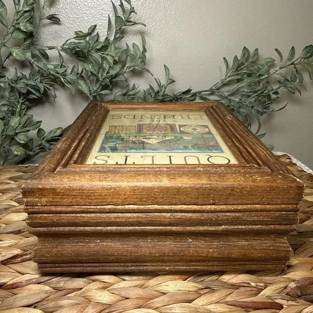 Quilts & Friends Picture Glass Top Keepsake Box Wood Sewing Jewelry Storage Vtg